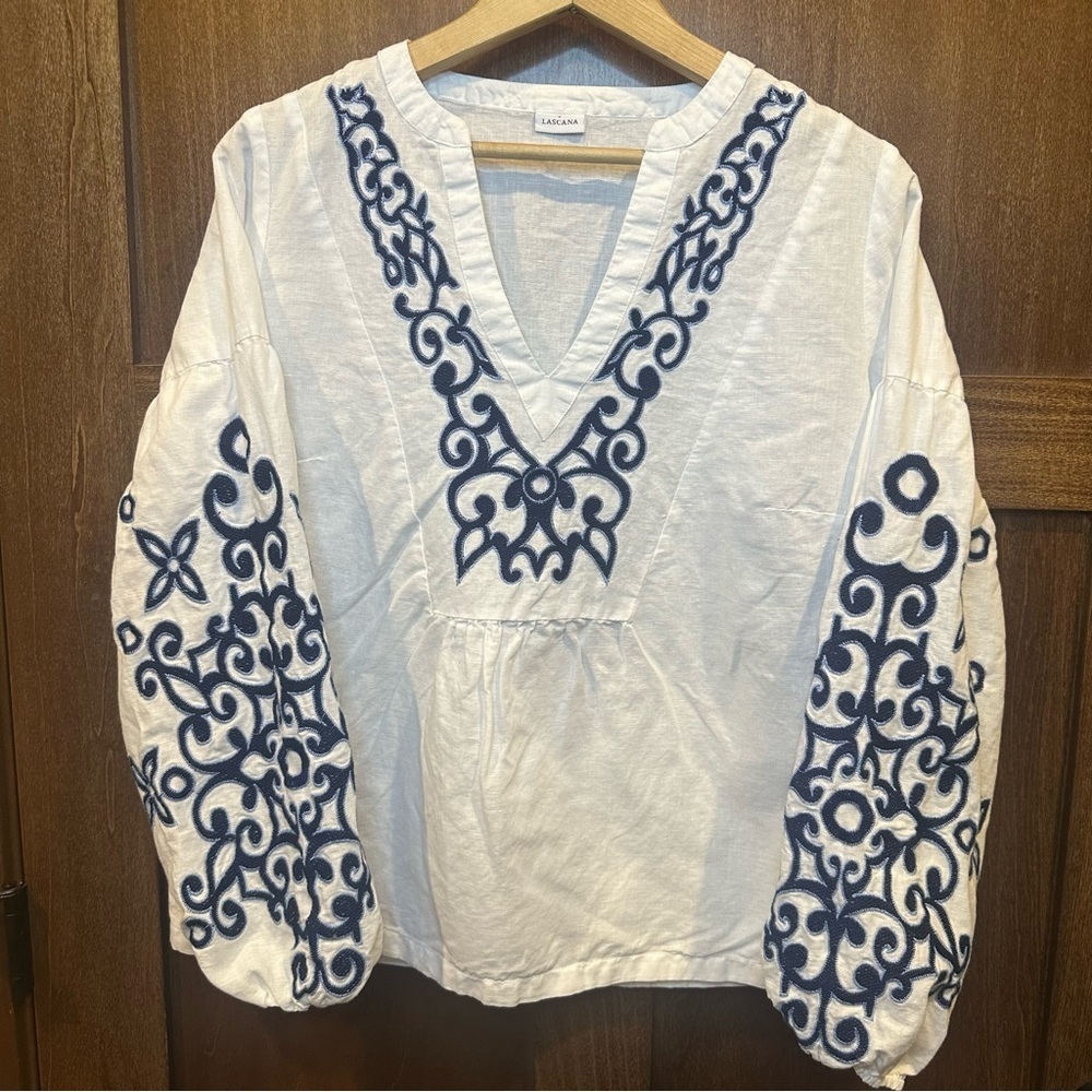 Lascana Linen Blend White Blouse with Navy Embroidery